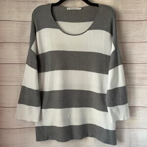 Stitches & Stripes Gray and White Striped Knit Sweater Blouse 3/4-Sleeves Size L